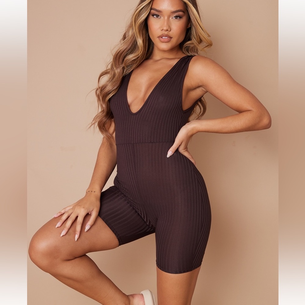 Chocolate Ribbed Plunge Unitard